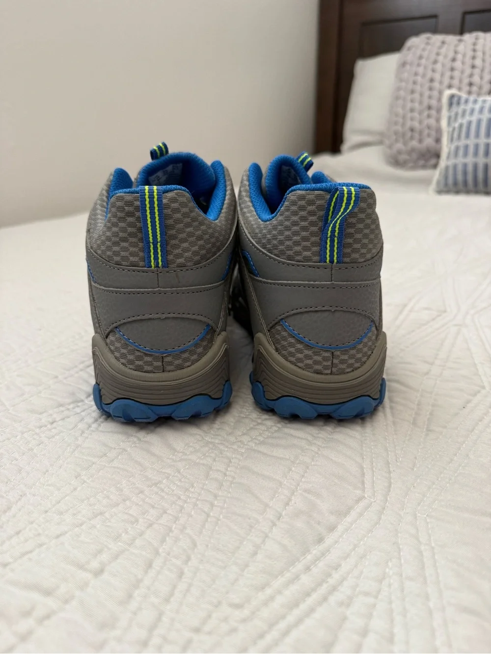 Merrell Gray and Blue Trail boots with Neon Green Accents